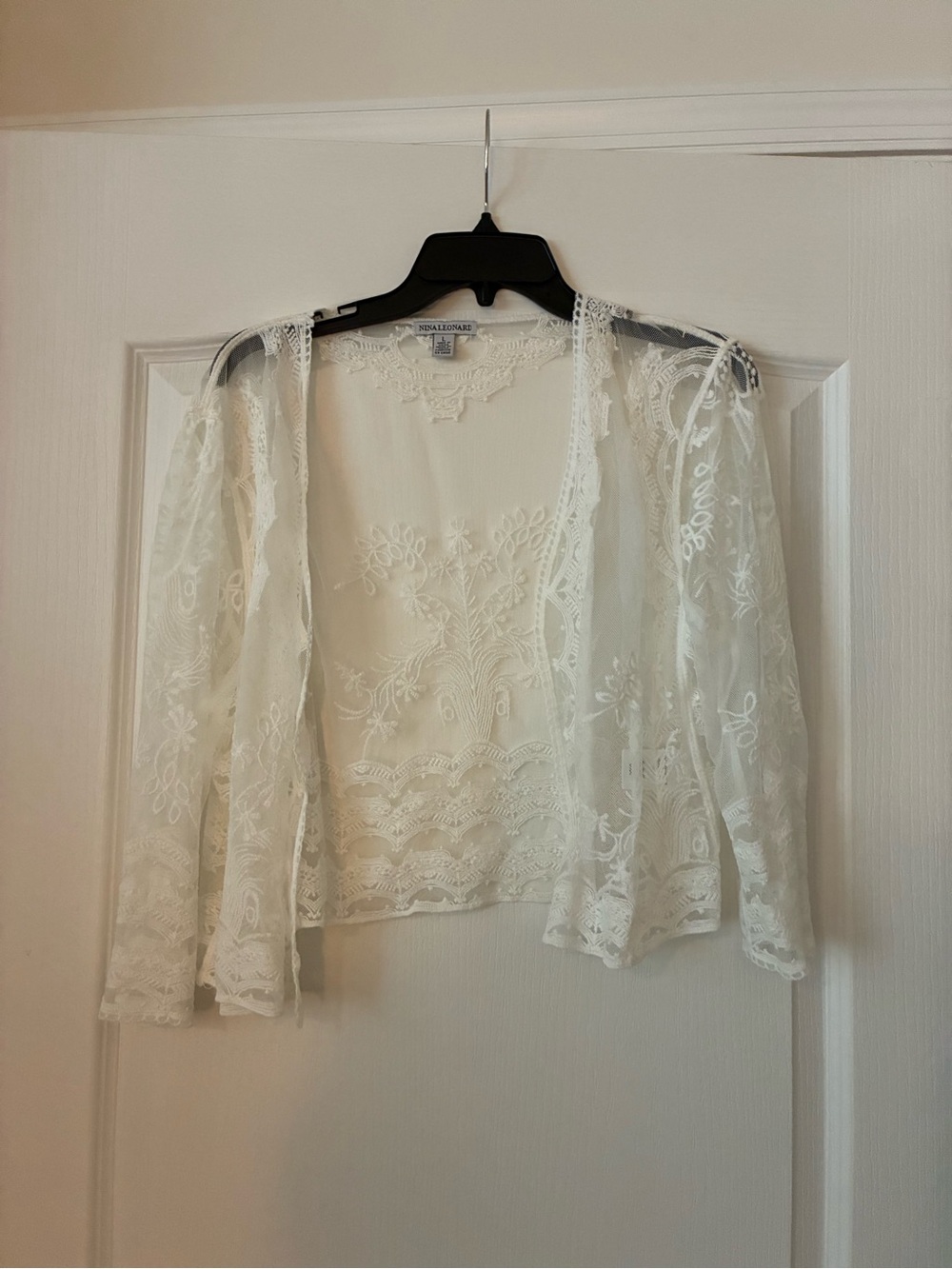 Nina Leonard Ivory Sheer Lace Open Front Cardigan